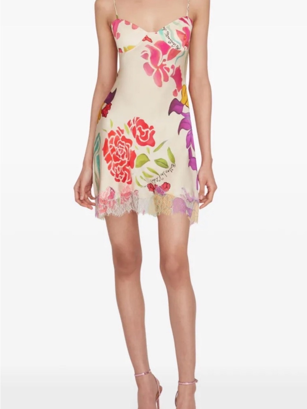 NWT Donde Esteban Flores Silk Satin Mini Dress Beige Multi M